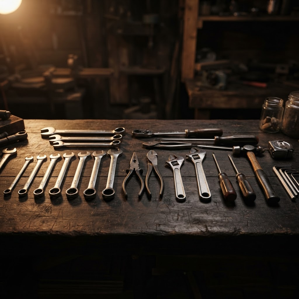 Professional metal hand tools arranged on a workbench